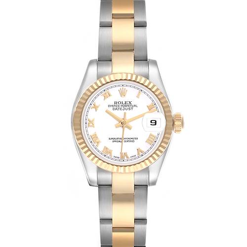 The Rolex Datejust 179173 Women's Steel and Gold (two tone) White Dial 179173 Women's Steel and Gold (two tone) White Dial watch is shown from a top-down angle, featuring its gold and silver bracelet, bezel, and dial.