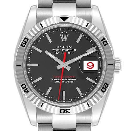The Rolex Turn-o-Graph 116264 Men's Stainless Steel Black Dial 116264 Men's Stainless Steel Black Dial watch is shown from a front angle, highlighting the dial, bezel, hands, and bracelet.