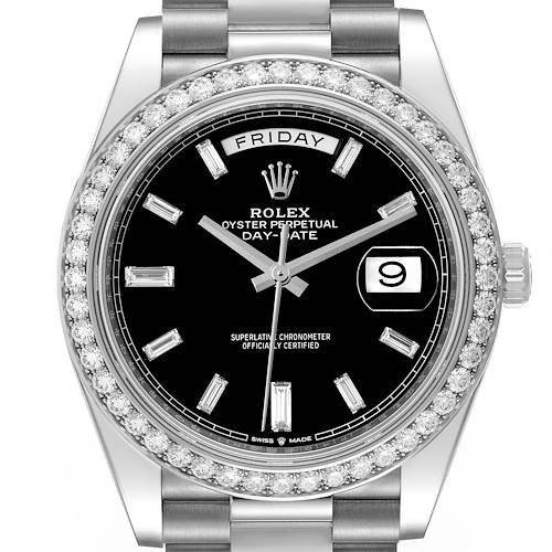 This image shows a front view of the Rolex President 228349RBR Men's White Gold Black Dial 228349RBR Men's White Gold Black Dial model watch featuring a black dial, day and date displays, and a diamond bezel.