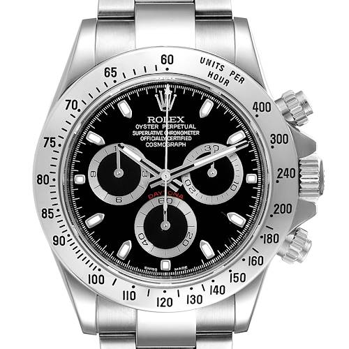 This image shows a front angle of a Rolex Daytona 116520 Men's Stainless Steel Black Dial 116520 Men's Stainless Steel Black Dial watch featuring its stainless steel band, black dial, and chronograph sub-dials.