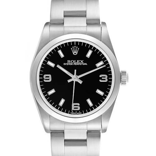 The Rolex Mid-Size 77080 Women's Stainless Steel Black Dial 77080 Women's Stainless Steel Black Dial Oyster Perpetual watch is shown from a front angle, highlighting its black dial, hour markers, and metal bracelet.