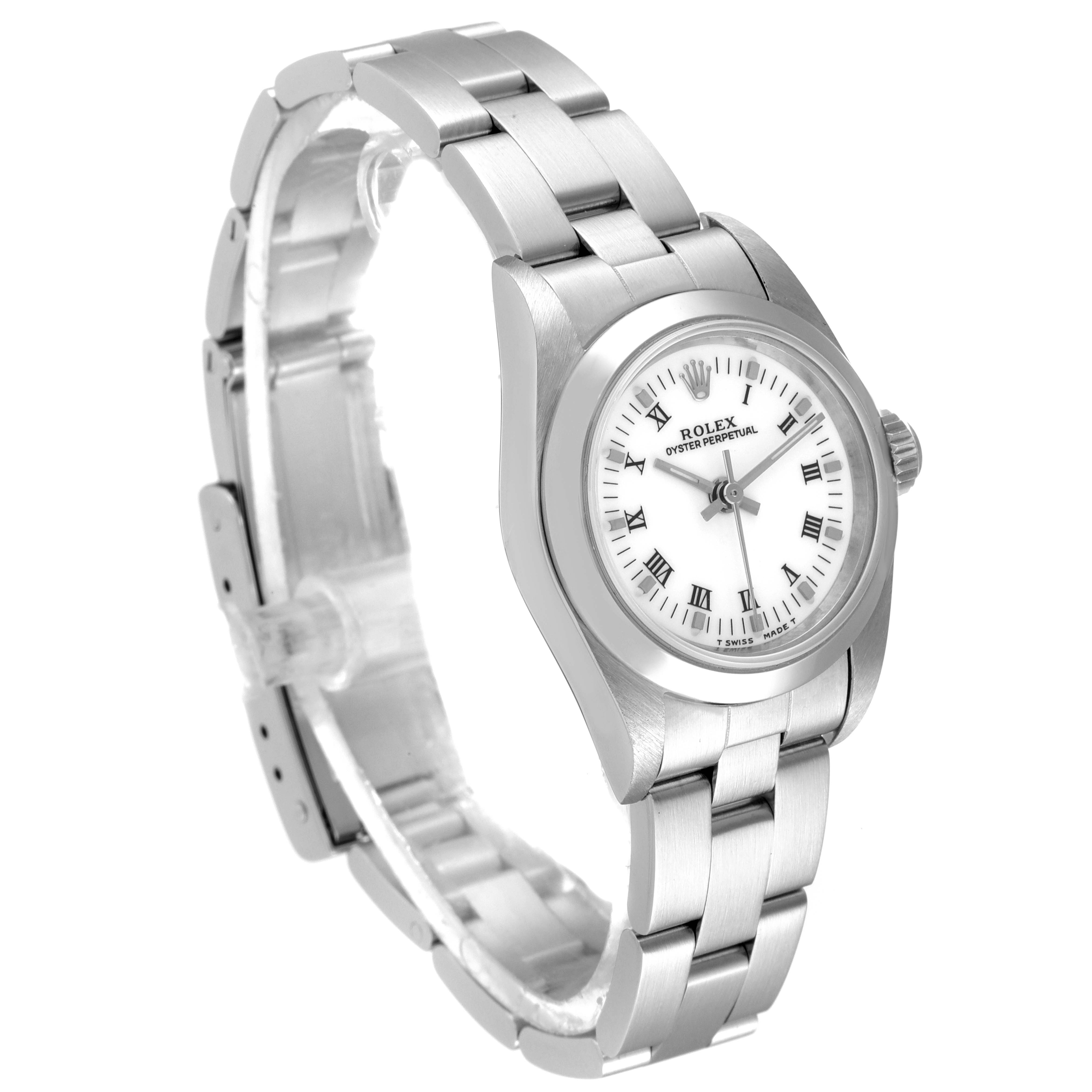 The image shows a Rolex Oyster Perpetual 67180 Women's Stainless Steel White Dial 67180 Women's Stainless Steel White Dial watch at a 3/4 angle, highlighting its face, case, and bracelet.