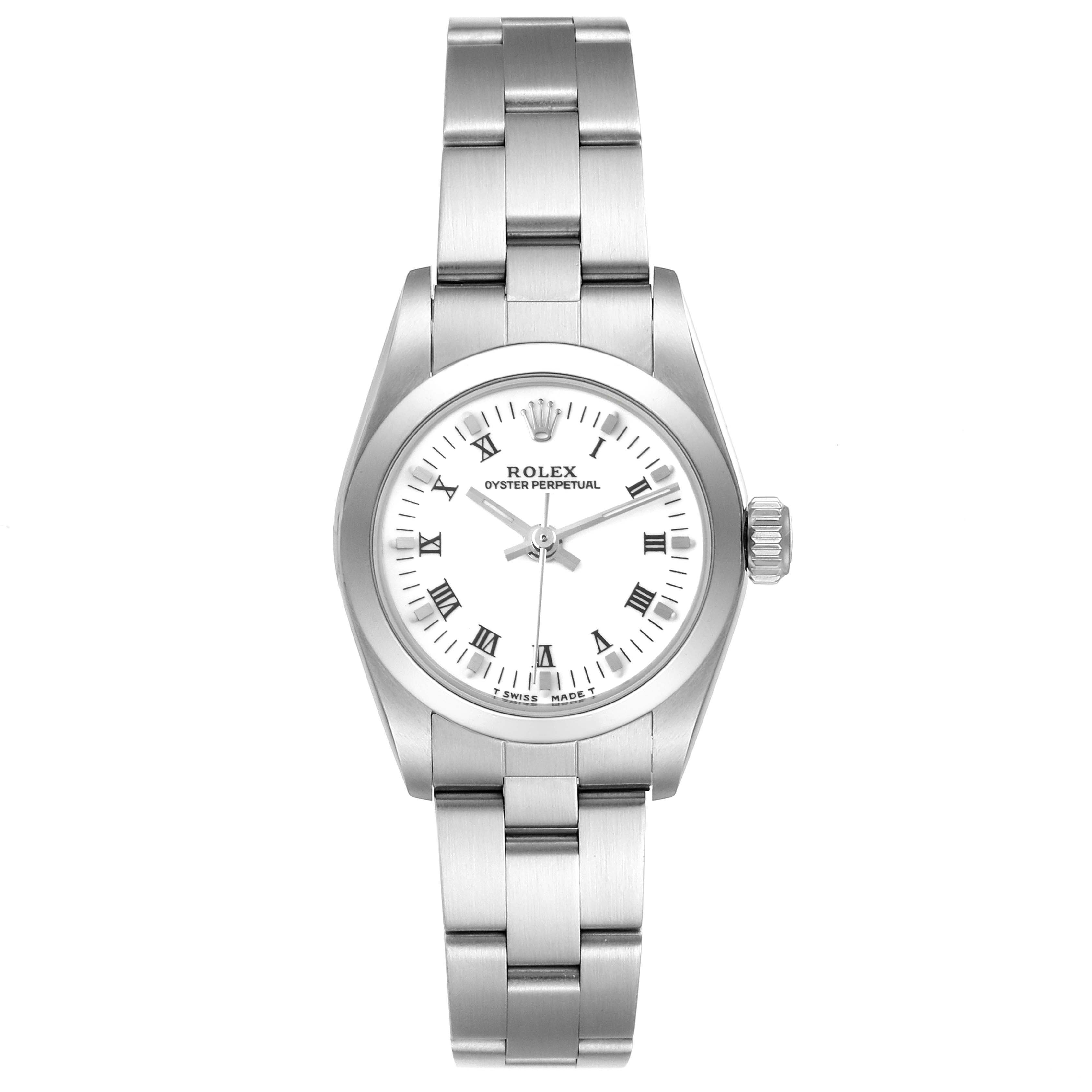 The Rolex Oyster Perpetual 67180 Women's Stainless Steel White Dial 67180 Women's Stainless Steel White Dial watch is shown from a top-down angle displaying its face, bezel, crown, and bracelet.