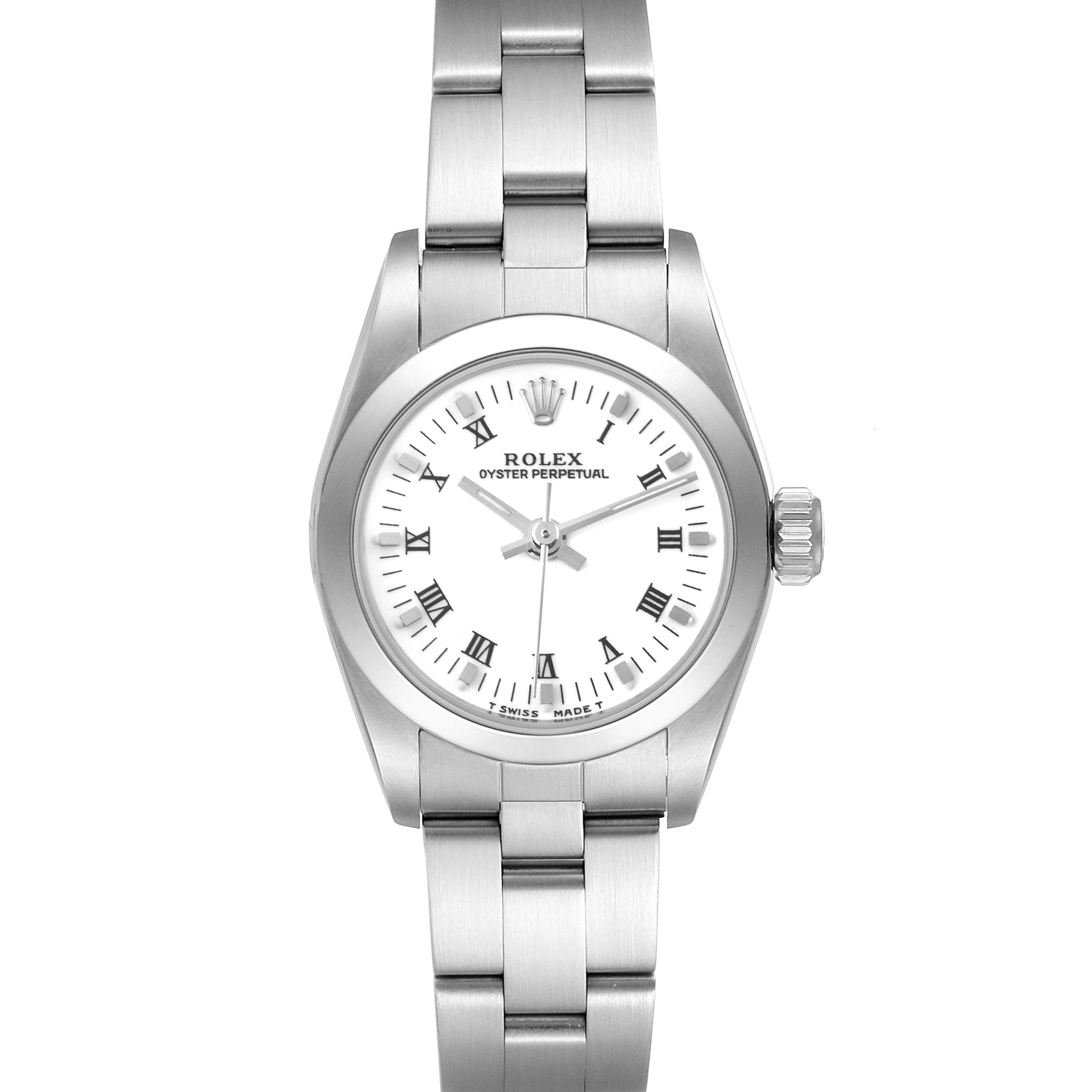 This image shows a front view of a Rolex Oyster Perpetual 67180 Women's Stainless Steel White Dial 67180 Women's Stainless Steel White Dial watch, highlighting the face, bezel, crown, and bracelet.