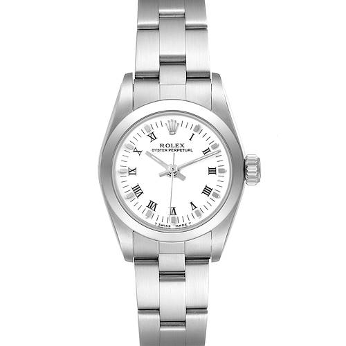 This Rolex Oyster Perpetual 67180 Women's Stainless Steel White Dial 67180 Women's Stainless Steel White Dial watch is shown from a top-down angle, displaying the dial, bezel, and part of the bracelet.