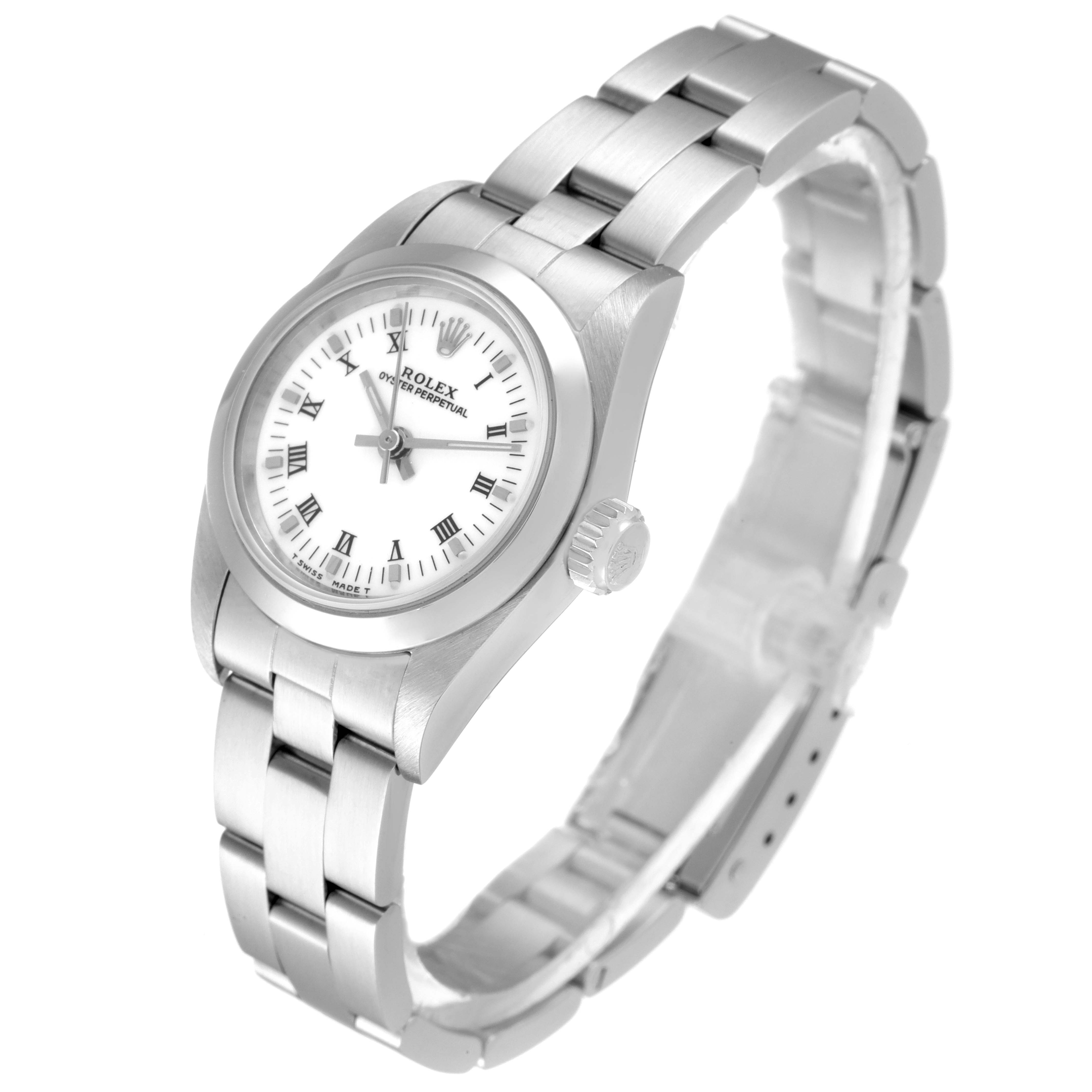This image shows a Rolex Oyster Perpetual 67180 Women's Stainless Steel White Dial 67180 Women's Stainless Steel White Dial watch from a diagonal angle, highlighting the dial, bezel, crown, and bracelet.