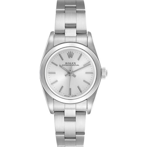 The Rolex Oyster Perpetual 76080 Women's Stainless Steel Silver Dial 76080 Women's Stainless Steel Silver Dial watch is shown from the front, displaying the dial, bracelet, and crown.
