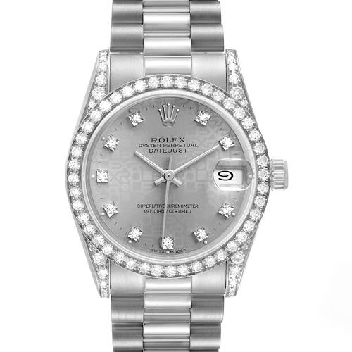 The image shows a Rolex President 68159 Women's White Gold Grey Dial 68159 Women's White Gold Grey Dial model watch with a frontal view, highlighting its bezel, dial, bracelet, and crown.