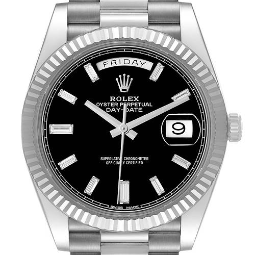 The image shows a frontal view of a Rolex President 228239 Men's White Gold Black Dial 228239 Men's White Gold Black Dial model watch, displaying the dial, day, date, bezel, and part of the bracelet.