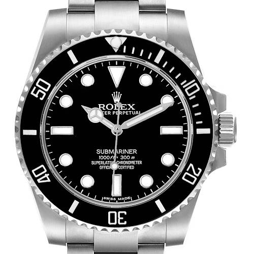 This image shows a front view of the Rolex Submariner 114060 Men's Stainless Steel Black Dial 114060 Men's Stainless Steel Black Dial watch, highlighting the dial, bezel, and part of the stainless steel bracelet.