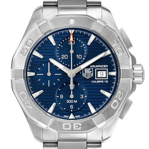 The image shows a front view of a Tag Heuer Aquaracer CAY2112.BA0927 Men's Stainless Steel Blue Dial CAY2112.BA0927 Men's Stainless Steel Blue Dial watch, highlighting the dial, bezel, and date display.