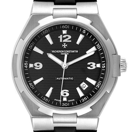 This image shows the Vacheron Constantin Overseas 47040/B01A-9094 Men's Stainless Steel Black Dial 47040/B01A-9094 Men's Stainless Steel Black Dial model watch from a front angle, emphasizing the dial, case, and bezel.