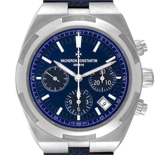 This image shows a frontal view of the dial and bezel of the Vacheron Constantin Overseas 5500V/110A-B148 Men's Stainless Steel Blue Dial 5500V/110A-B148 Men's Stainless Steel Blue Dial watch, highlighting its blue face and chronograph subdials.
