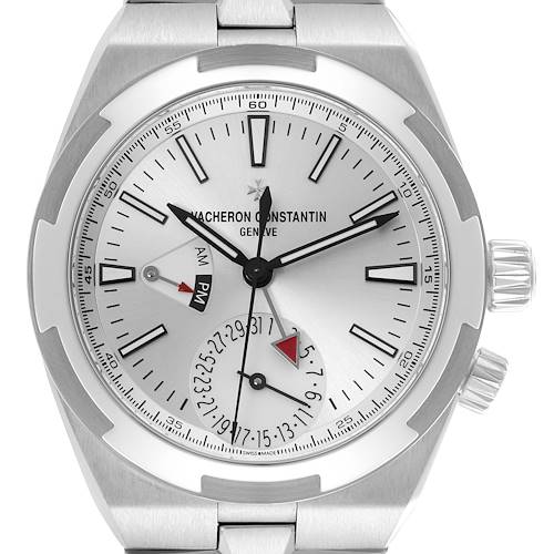 The image shows a front view of the Vacheron Constantin Overseas 7900V/110A-B333 Men's Stainless Steel Silver Dial 7900V/110A-B333 Men's Stainless Steel Silver Dial watch, highlighting the dial, hands, and crown.