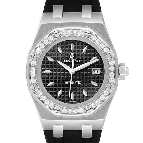 The image shows a front view of the Audemars Piguet Royal Oak 77321ST22D002CR01 Women's Stainless Steel Black Dial 77321ST22D002CR01 Women's Stainless Steel Black Dial watch, featuring its face, bezel, date function, and part of the strap.