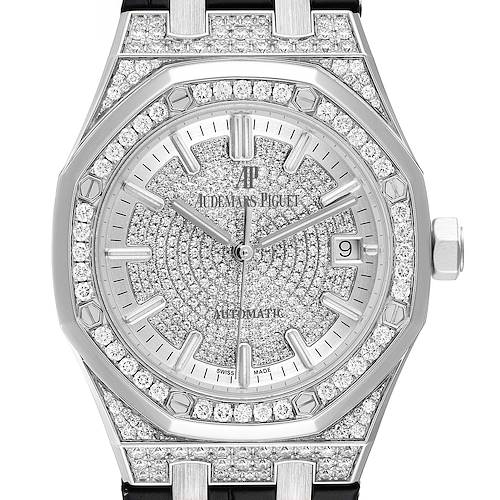 The image shows a frontal view of the Audemars Piguet Royal Oak 15452BC.ZZ.D019CR.01 Men's White Gold Silver Dial 15452BC.ZZ.D019CR.01 Men's White Gold Silver Dial watch, showcasing its diamond-studded dial and bezel.