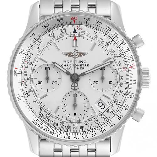 The Breitling Navitimer A23322 Men's Stainless Steel Silver Dial A23322 Men's Stainless Steel Silver Dial watch is shown from a front angle, highlighting the face, bezel, subdials, and metal bracelet.