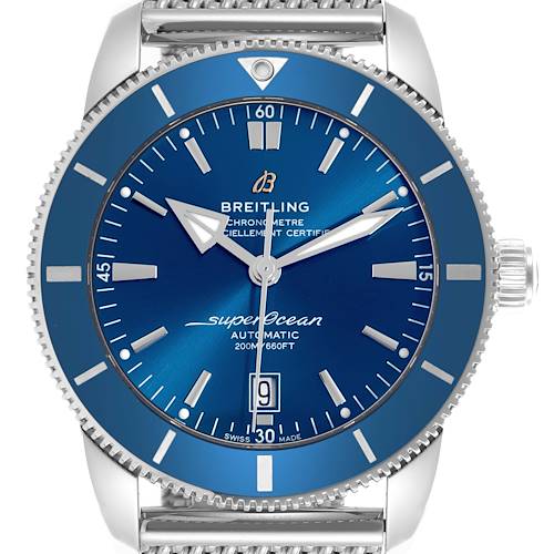 The Breitling Superocean AB2020161C1A1 Men's Stainless Steel Blue Dial AB2020161C1A1 Men's Stainless Steel Blue Dial watch is shown from the front, highlighting its blue dial, date window, and rotating bezel.
