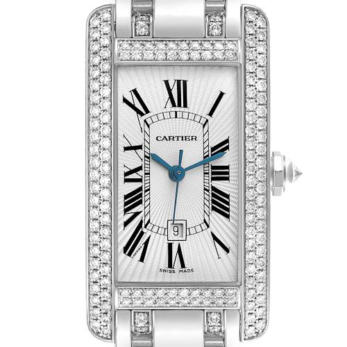 The Cartier Tank Americaine WB7045MP Men's White Gold Silver Dial WB7045MP Men's White Gold Silver Dial watch is shown from a top view, highlighting the face, Roman numerals, and diamond accents on the bezel.