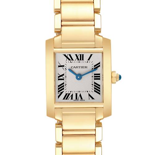 The image shows a Cartier Tank Francaise W50002N2 Women's Yellow Gold Silver Dial W50002N2 Women's Yellow Gold Silver Dial watch from a front angle, highlighting the face, strap, and crown with a blue cabochon.