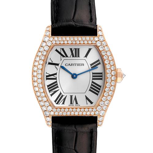 This is a front view of a Cartier Tortue WA505031 Women's Rose Gold Silver Dial WA505031 Women's Rose Gold Silver Dial watch showing the dial, Roman numerals, diamond bezel, case, and black leather strap.