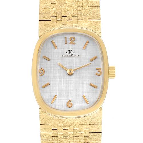 This is a front view of the Jaeger LeCoultre Women's Yellow Gold Silver Dial Women's Yellow Gold Silver Dial 14k Yellow Gold Manual Vintage Ladies Watch, displaying its face and part of the band.