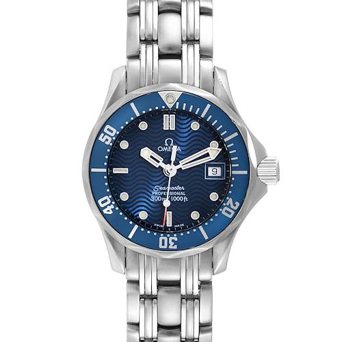 The Omega 2583.80.00 Women's Stainless Steel Blue Dial 2583.80.00 Women's Stainless Steel Blue Dial Seamaster Diver 300M 28mm Steel Ladies Watch 2583.80.00 is shown from the front, highlighting its dial, bezel, and bracelet.