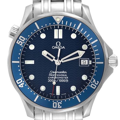 This Omega Seamaster 2531.80.00 Men's Stainless Steel Blue Dial 2531.80.00 Men's Stainless Steel Blue Dial watch is shown from the front, highlighting the dial, bezel, and part of the bracelet.