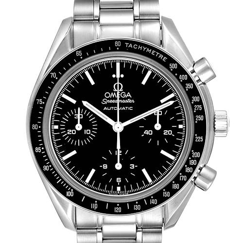 This image shows a front view of an Omega Speedmaster 3539.50.00 Men's Stainless Steel Black Dial 3539.50.00 Men's Stainless Steel Black Dial watch displaying its dial, bezel, and chronograph pushers.