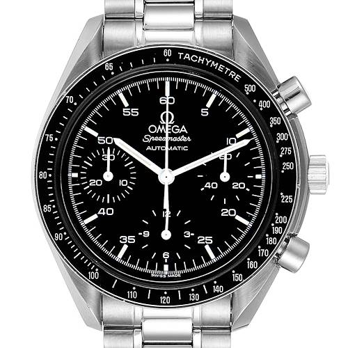 The image shows a frontal view of an Omega Speedmaster 3510.50.00 Men's Stainless Steel Black Dial 3510.50.00 Men's Stainless Steel Black Dial watch with a stainless steel bracelet and black tachymeter bezel.