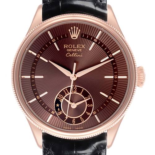 The Rolex Cellini 50525 Men's Rose Gold Brown Dial 50525 Men's Rose Gold Brown Dial watch is shown from a front angle, highlighting the dial, hands, indices, and crown.
