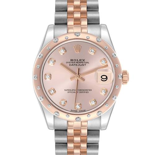 The Rolex Mid-Size 178341 Women's Steel and Gold (two tone) Silver Dial 178341 Women's Steel and Gold (two tone) Silver Dial Datejust is shown from the front, highlighting the dial, bezel, and two-tone bracelet.