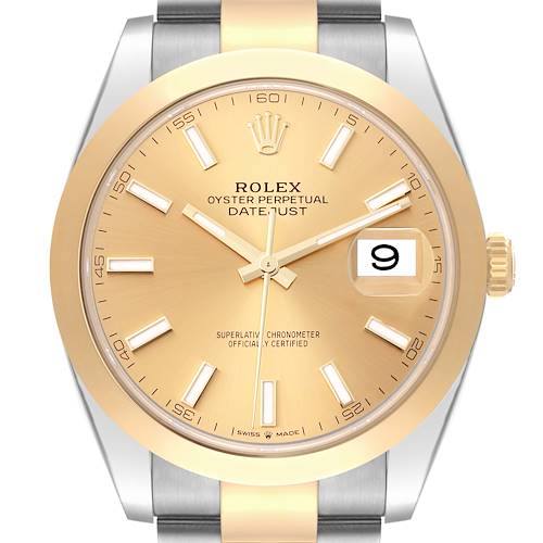 The image shows a frontal view of the Rolex Datejust 41 126303 Men's Steel and Gold (two tone) Champagne Dial 126303 Men's Steel and Gold (two tone) Champagne Dial watch, highlighting its face, dial, and bezel.