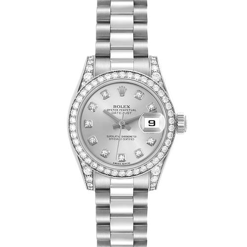 The Rolex President 179159 Women's White Gold Silver Dial 179159 Women's White Gold Silver Dial model watch is shown from a top-down angle, highlighting its dial, bezel, bracelet, and date feature.