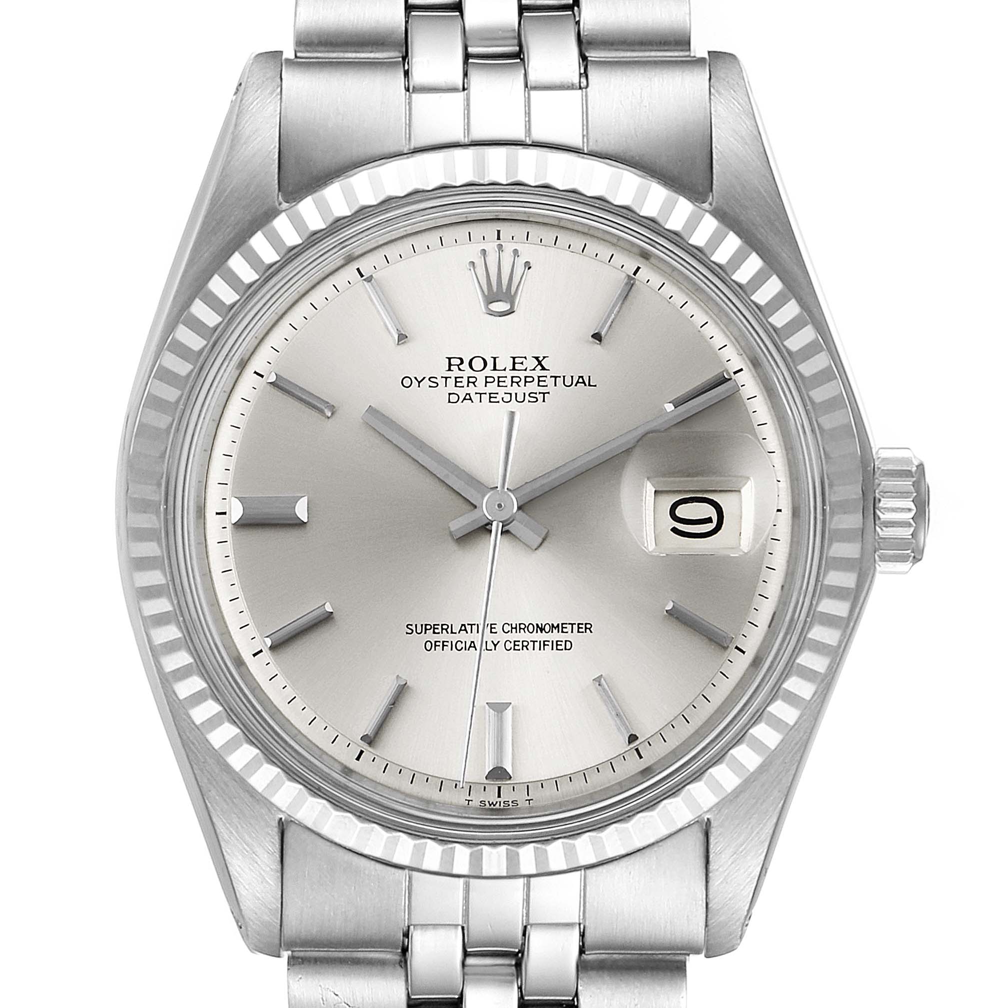 The image shows a front view of the Rolex Vintage Collection 1601 Men's Stainless Steel Silver Dial 1601 Men's Stainless Steel Silver Dial Oyster Perpetual Datejust watch, highlighting its dial, hands, date window, and bracelet.