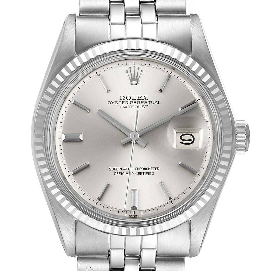 The image shows a front view of the Rolex Vintage Collection 1601 Men's Stainless Steel Silver Dial 1601 Men's Stainless Steel Silver Dial Oyster Perpetual Datejust watch, highlighting its dial, hands, date window, and bracelet.