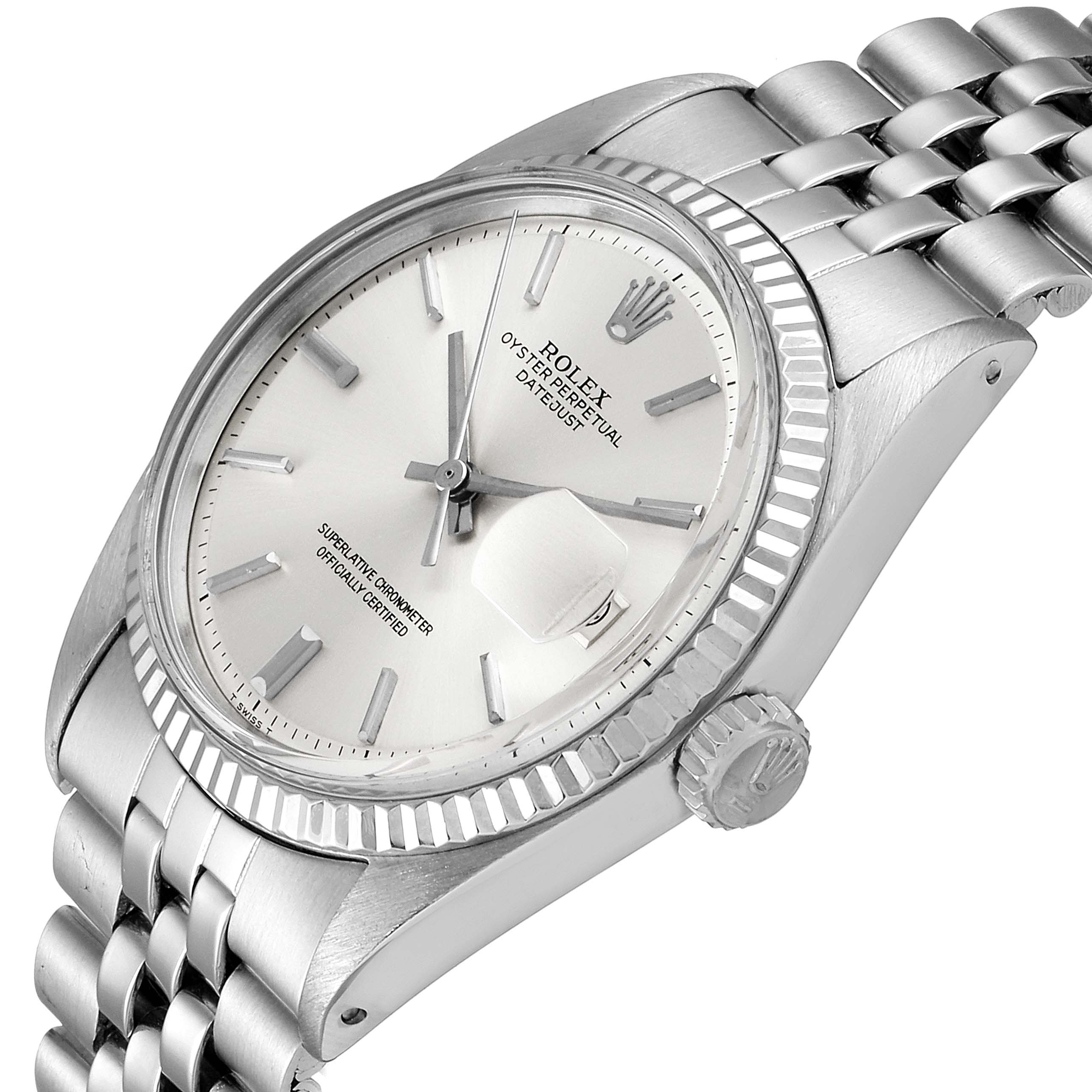 The image shows an angled view of the face, bezel, and partial bracelet of the Rolex Vintage Collection 1601 Men's Stainless Steel Silver Dial 1601 Men's Stainless Steel Silver Dial model.