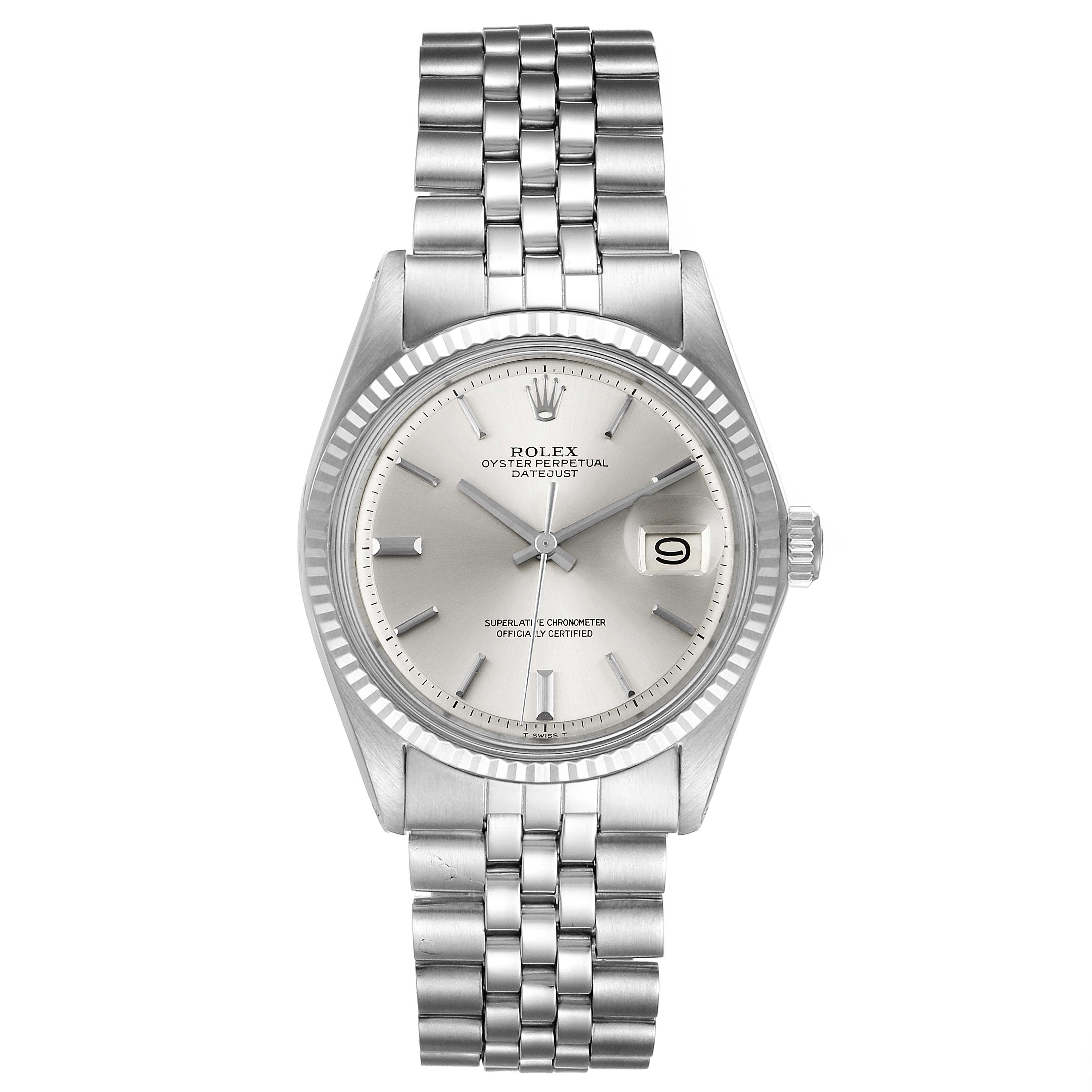 This image shows a frontal view of the Rolex Vintage Collection 1601 Men's Stainless Steel Silver Dial 1601 Men's Stainless Steel Silver Dial watch, highlighting its dial, bracelet, crown, and date window.