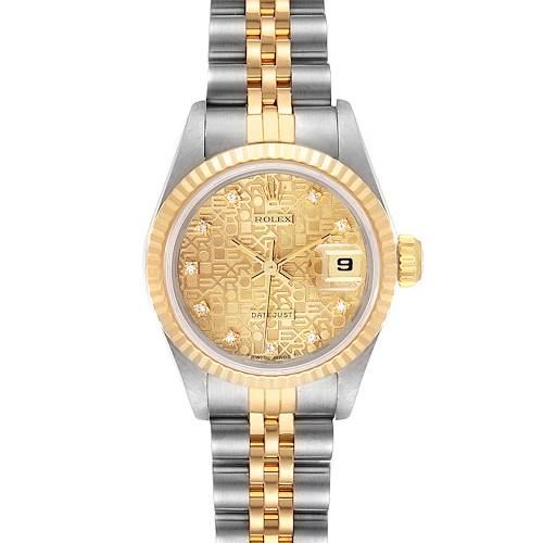 The Rolex Datejust 69173 Women's Steel and Gold (two tone) Champagne Dial 69173 Women's Steel and Gold (two tone) Champagne Dial watch is shown from a top-down angle, displaying the face, bezel, crown, and part of the band.