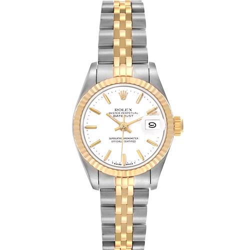 The Rolex Datejust 69173 Women's Steel and Gold (two tone) White Dial 69173 Women's Steel and Gold (two tone) White Dial watch is shown from a front angle, displaying the dial, bezel, crown, and dual-tone bracelet.