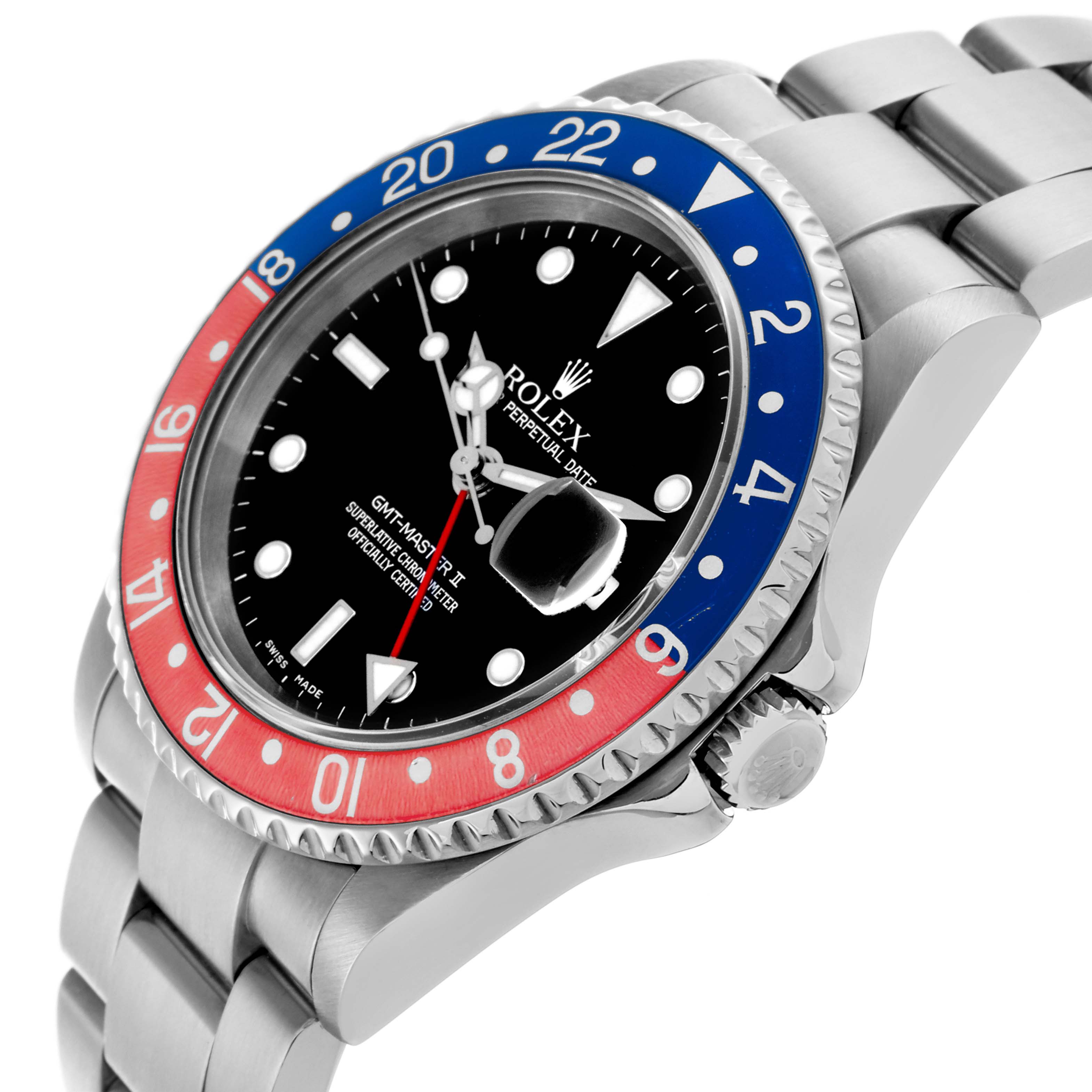 The Rolex GMT-Master 16710 Men's Stainless Steel Black Dial 16710 Men's Stainless Steel Black Dial watch is shown at an angled side view, highlighting the bezel, dial, and bracelet.