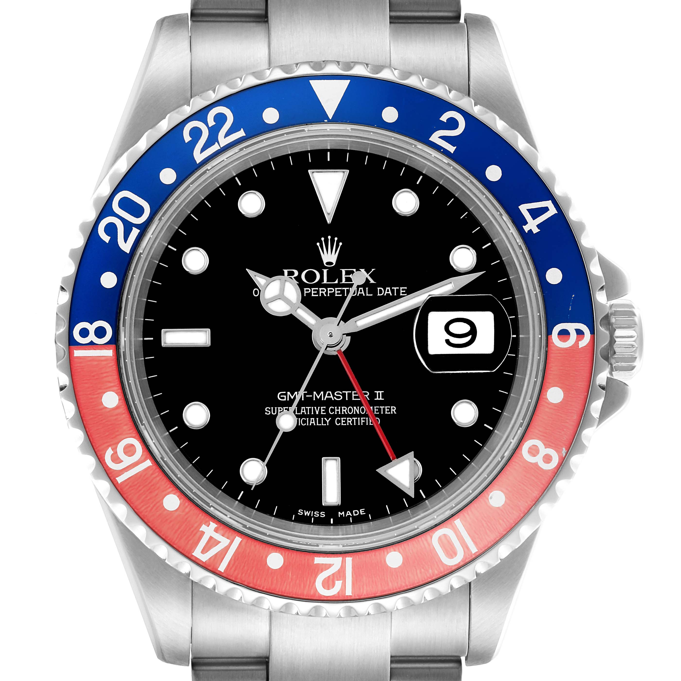 The Rolex GMT-Master 16710 Men's Stainless Steel Black Dial 16710 Men's Stainless Steel Black Dial watch is shown from a front angle, displaying the bezel, dial, and partial bracelet.
