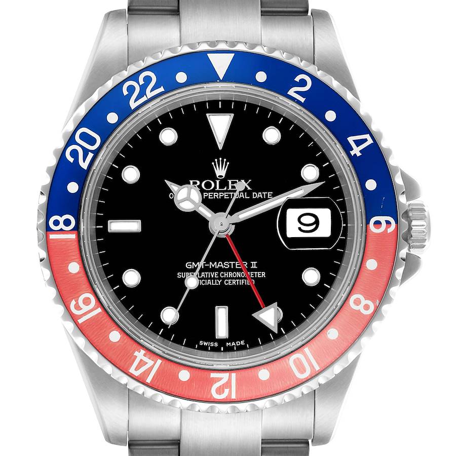 The Rolex GMT-Master 16710 Men's Stainless Steel Black Dial 16710 Men's Stainless Steel Black Dial watch is shown from a front angle, displaying the bezel, dial, and partial bracelet.