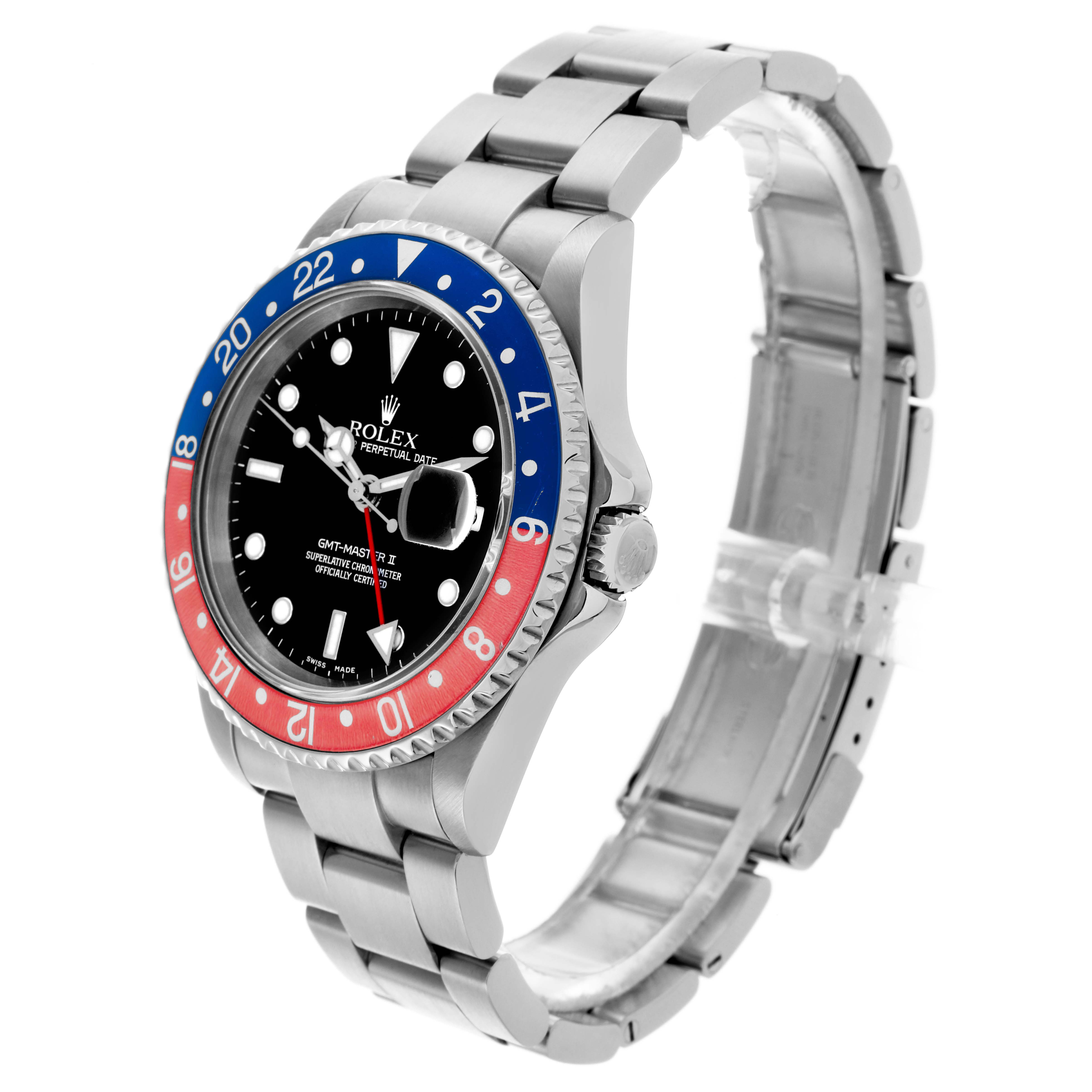 The Rolex GMT-Master 16710 Men's Stainless Steel Black Dial 16710 Men's Stainless Steel Black Dial watch is shown at a three-quarter angle, highlighting the bezel, face, and bracelet.