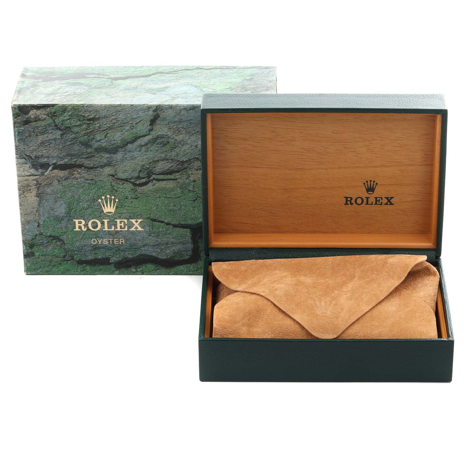 The image shows a Rolex GMT-Master 16710 Men's Stainless Steel Black Dial 16710 Men's Stainless Steel Black Dial watch box and packaging, featuring the outer box and an inner wooden box with a protective suede pouch.