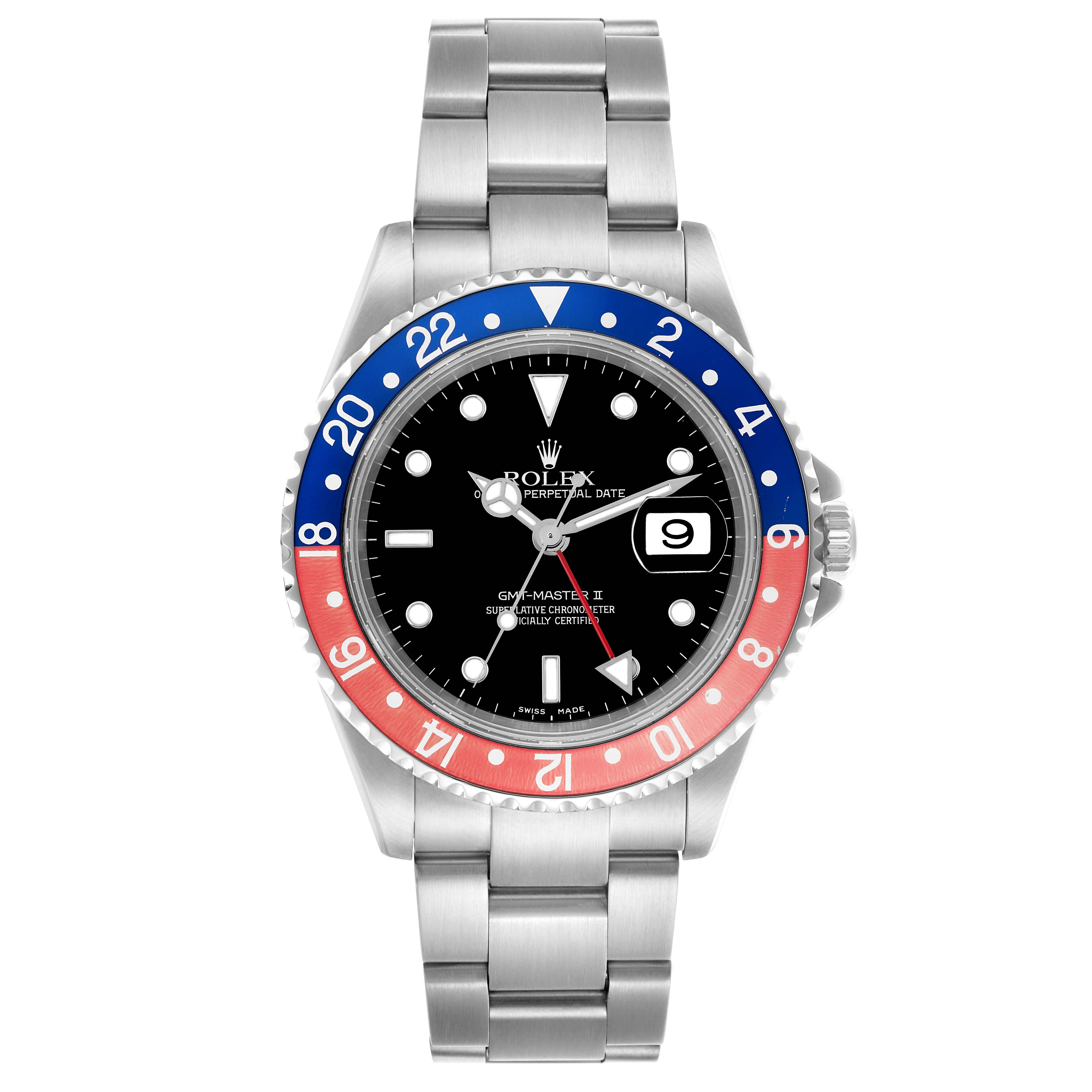 The Rolex GMT-Master 16710 Men's Stainless Steel Black Dial 16710 Men's Stainless Steel Black Dial watch is shown from a top view, highlighting the bezel, dial, and stainless steel bracelet.