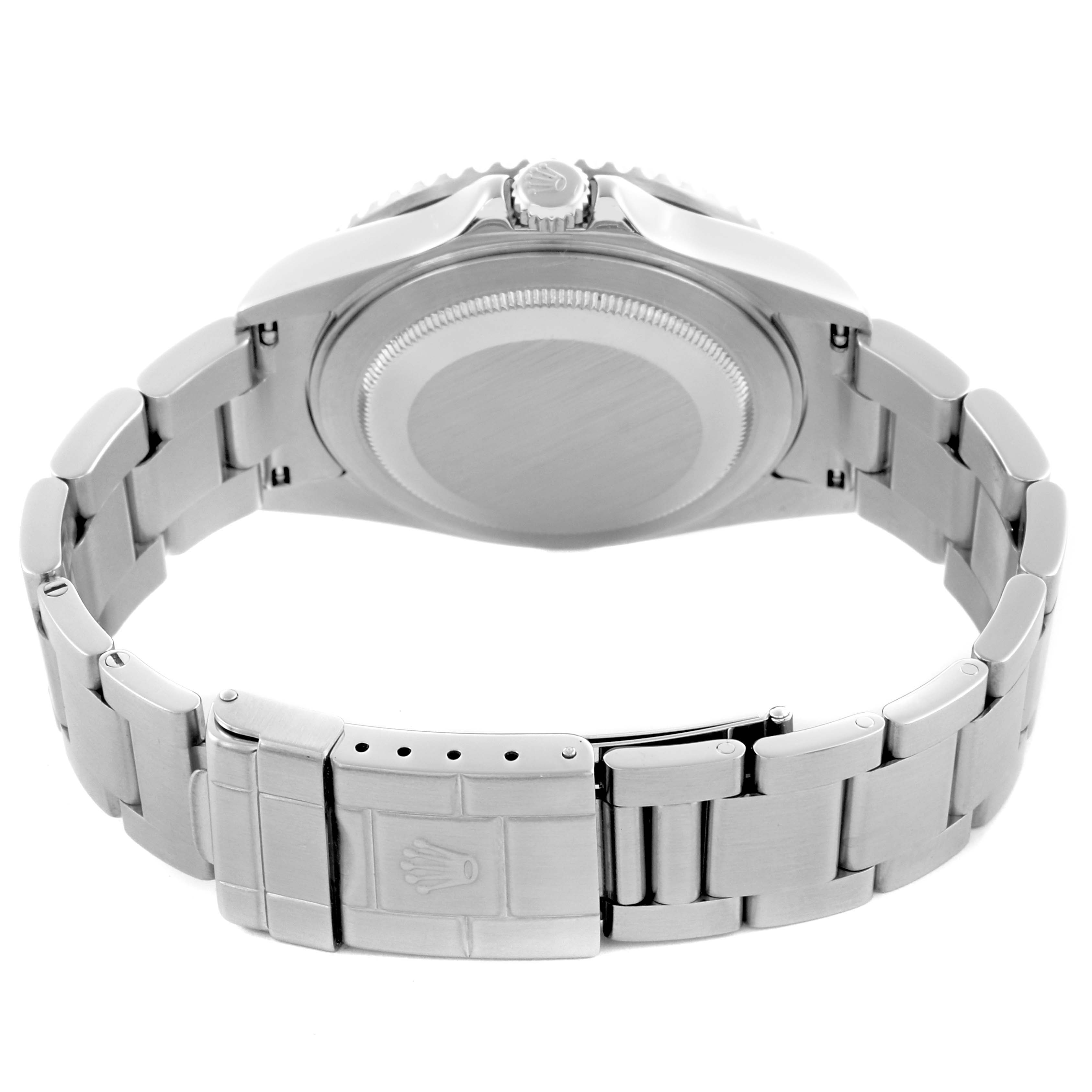 The image shows the back view of a Rolex GMT-Master 16710 Men's Stainless Steel Black Dial 16710 Men's Stainless Steel Black Dial watch, highlighting the bracelet and clasp.