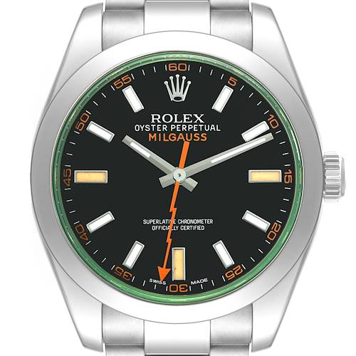 The image shows a front view of a Rolex Milgauss 116400GV Men's Stainless Steel Black Dial 116400GV Men's Stainless Steel Black Dial watch, highlighting its face, hands, and part of the bracelet.