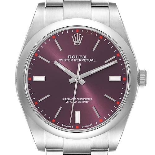 The image shows a frontal view of the Rolex Oyster Perpetual 114300 Men's Stainless Steel Purple Dial 114300 Men's Stainless Steel Purple Dial watch, highlighting the dial, hands, and part of the bracelet.