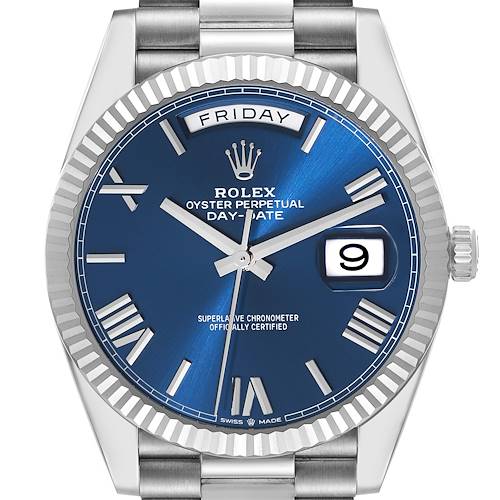 The image shows a front view of a Rolex President 228239 Men's White Gold Blue Dial 228239 Men's White Gold Blue Dial model watch, displaying the dial, hands, day, and date indicators.